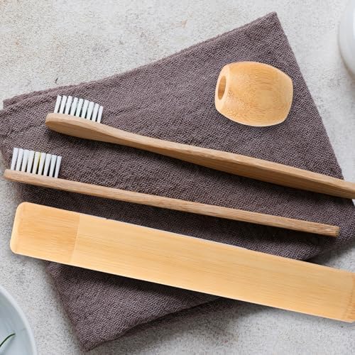 Amosfun Bamboo Toothbrush Holder Portable Toothbrush Storage Tube with Base Travel Tooth Brush Holder Case for Bathroom Counter Office Desktop Dresser Home and Hotel Use