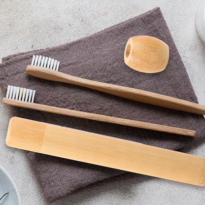 Amosfun Bamboo Toothbrush Holder Portable Toothbrush Storage Tube with Base Travel Tooth Brush Holder Case for Bathroom Counter Office Desktop Dresser Home and Hotel Use