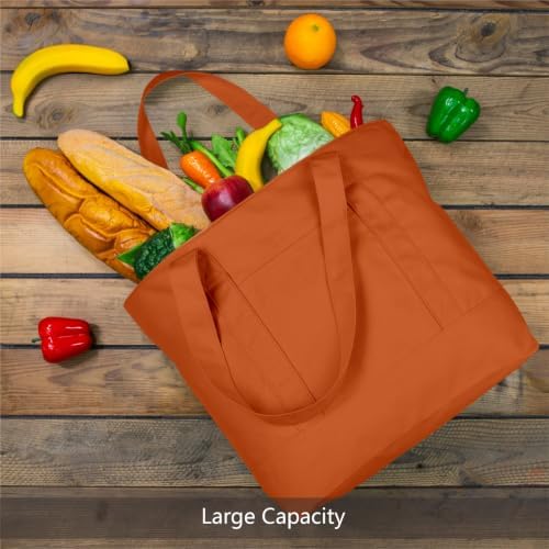 TOPDesign 3-Pack Canvas Tote Bags with an External Pocket, Reusable Grocery Shopping Bags, Top Zipper Closure, Daily Essentials (Orange)