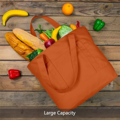 TOPDesign 3-Pack Canvas Tote Bags with an External Pocket, Reusable Grocery Shopping Bags, Top Zipper Closure, Daily Essentials (Orange)