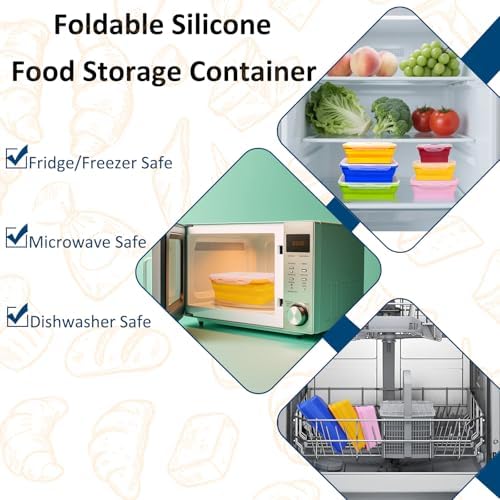 Set of 6 Collapsible Silicone Food Storage Containers With Lids, Durable, Meal Prep Foldable Bento Lunch Boxes for Kitchen, Camping, Microwave,Dishwasher and Freezer Safe, BPA Free