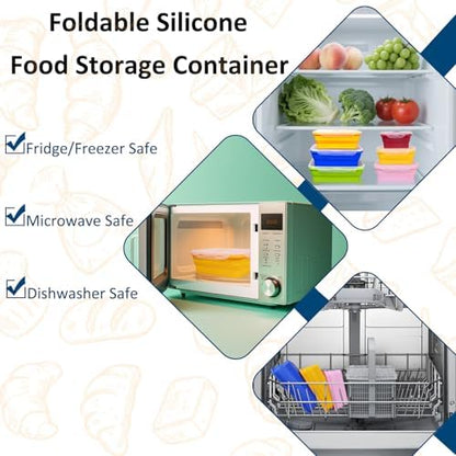 Set of 6 Collapsible Silicone Food Storage Containers With Lids, Durable, Meal Prep Foldable Bento Lunch Boxes for Kitchen, Camping, Microwave,Dishwasher and Freezer Safe, BPA Free