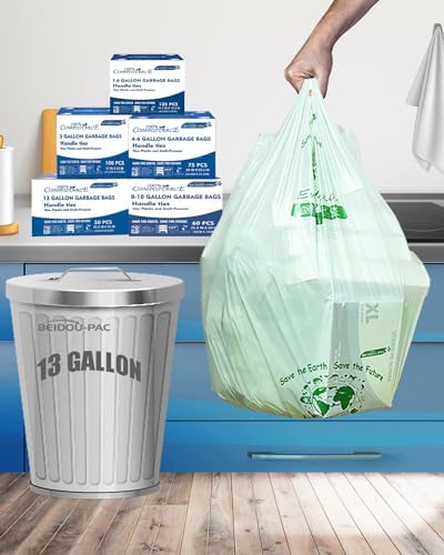 BEIDOU-PAC 13 Gallon Compostable Tall Kitchen Trash Bags with Handle, 50 Count, Sturdy Garbage Bags for Food Scrap Waste, ASTM D6400, US BPI Certified