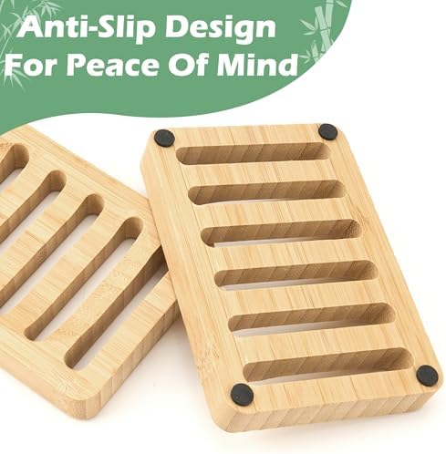 Bamboo Soap Dish, Bar Soap Holder Self Draining Soap Dish Natural Bamboo Soap Holder Waterproof Anti-Slip Wooden Soap Dishes for Bar Soap Saver Tray for Shower Bathroom Kitchen Sink Bathtub