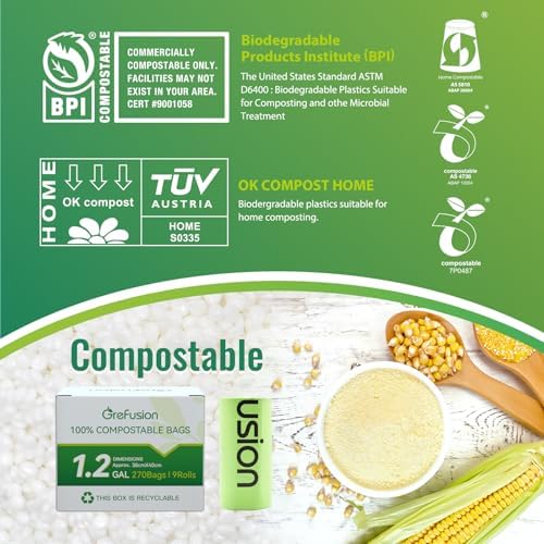 GreFusion Compostable Trash Bags, Small 2.6 Gallon, 270 Count, 0.72 Mils Thick, Eco Friendly, ASTM D6400 & BPI Certified, Composts Food Scraps, No Leaks