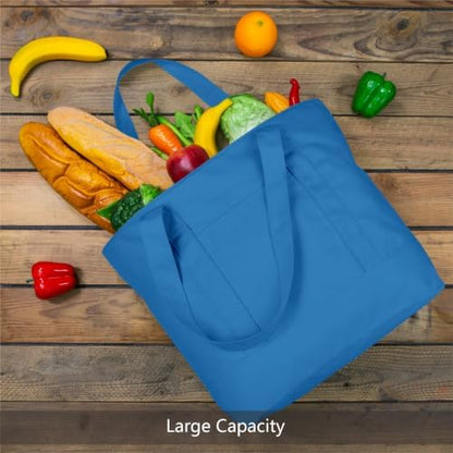 TOPDesign 6-Pack Canvas Tote Bags with an External Pocket, Reusable Grocery Shopping Bags, Top Zipper Closure, Daily Essentials (Ocean Blue)