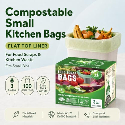 UNNI 3 Gallon Compost Bags for Countertop Bin, 100 CT, Extra Thick 0.71 Mil