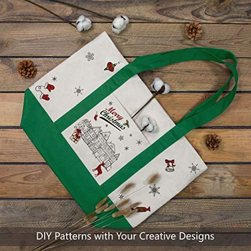 TOPDesign 6-Pack Canvas Tote Bags with an External Pocket, Reusable Grocery Shopping Bags, Top Zipper Closure, Daily Essentials (Green/Natural)