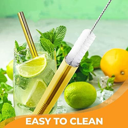 Vinaco 6 Pack Gold 0.4" Wide Bore Reusable Stainless Steel Smoothie Straws