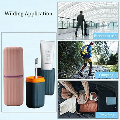 2Pcs Travel Toothbrush Cup Case, Portable Toothbrush Holder Case for Traveling, Camping, Business Trip and School, Plastic Toothbrushes Toothpaste Set with Two Colors (Navy blue and Lotus color)