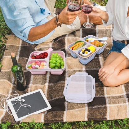 2 Pack Big Collapsible Silicone Bento Lunch Boxes With Lids spoons forks,3 Compartments, Divided Lunch Food Storage Containers, Safe in Microwave, Dishwasher and Freezer, 45.6oz, (Pink+Blue)