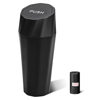 Car Trash Can Bin with Lid - Car Garbage Can with 20pcs Trash Bags for Cup Holder - Black Leakproof Mini Vehicle Trash Bin for SUV Truck - Small Car Organizers and Storage for Door Front Back Seat