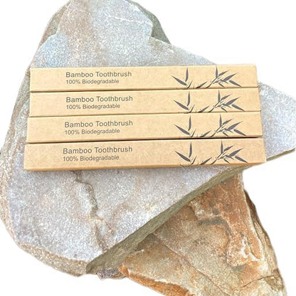 Adult Natural Bristle Toothbrush [4-Pack], Castor Bristles, 100% Biodegradable, Plant Based Bristles and Bamboo Handle