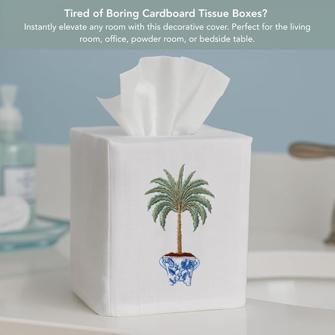 Jacaranda Living Square Tissue Box Cover, Linen/Cotton Fabric Tissue Holder, Decorative Cloth Tissue Cube Cover, Nature Designs Three Napoleon Bees (Duck Egg Blue)