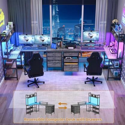 Aheaplus L Shaped Desk with Hutch, Gaming Desk with Led Lights, Reversible Computer Desk with Power Outlet, Corner Desk with File Drawer & Monitor Stand, Storage Shelves for Home Office, Black Oak