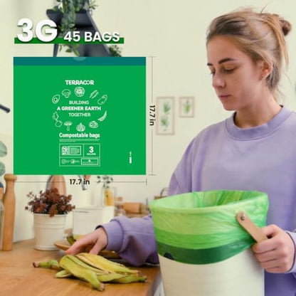 3 Gallon Compostable Trash Bags Drawstring, Heavy Duty Extra Thick 0.9 Mil, 45 Bags, Fits 2.6, 3, 4, 5 Gallon Countertop Bin Kitchen Food Scrap Waste Bag, ASTM D6400