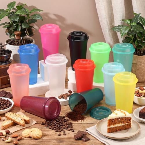 Honeydak 45 Pack 16 oz Reusable Coffee Cups with Lids Water Bottle Iced Coffee Travel Mug Portable Plastic Tea Tumblers Bulk for Hot and Cold Drinks Birthdays Party (Fluorescent Color,Stylish)