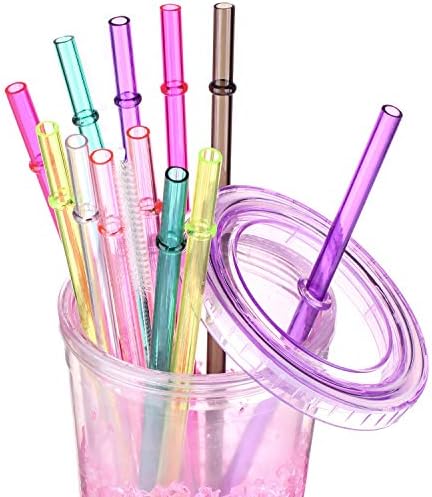 Dakoufish 9 inch Long Reusable Tritan Replacement Drinking Straws for 12 oz 16 oz Mason Jar,Tumblers, Set of 12 with Cleaning Brush (9 inch,7color)