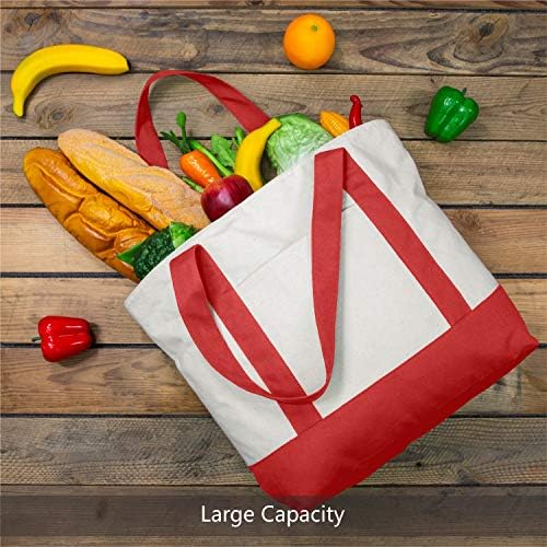 TOPDesign 6-Pack Canvas Tote Bags with an External Pocket, Reusable Grocery Shopping Bags, Top Zipper Closure, Daily Essentials (Red/Natural)