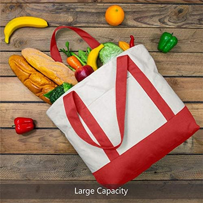 TOPDesign 6-Pack Canvas Tote Bags with an External Pocket, Reusable Grocery Shopping Bags, Top Zipper Closure, Daily Essentials (Red/Natural)