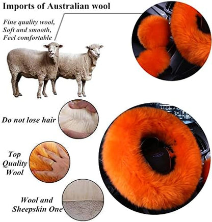 15inches Universal Leather Car Steering Wheel Cover Car Accessories Colorful Fuzzy Steering Wheel Cover Gear Shift Cover Handbrake Cover (Orange)