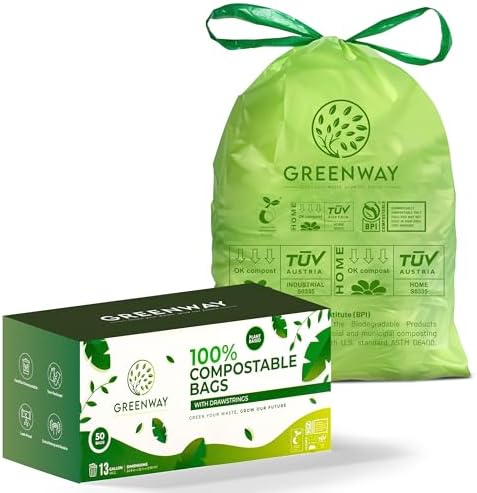 GREENWAY 13 Gallon Compostable Drawstring Trash Bags – Extra Thick 1.0 Mil – 50 Count – BPI & OK Home Certified – Leak‑Proof Kitchen Garbage Bags for Food Waste, Diaper Pails & Tall Bins