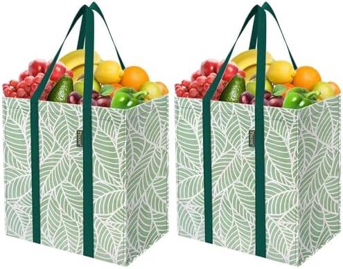 BALEINE 2 PK Grocery Bags Reusable Shopping Bags with Reinforced Bottom, Heavy Duty Foldable Tote Bags (Antique Folidage)