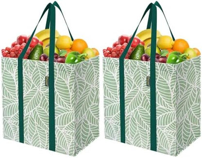 BALEINE 2 PK Grocery Bags Reusable Shopping Bags with Reinforced Bottom, Heavy Duty Foldable Tote Bags (Antique Folidage)