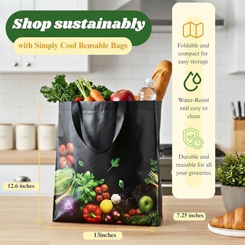 Simply Cool 25 Pack Reusable Grocery Bags, Large Tote Bags Bulk, Black