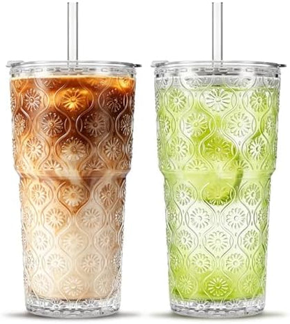 SoulTimes 20oz Begonia Flower Glass Tumbler with Bamboo Lid and Straw–Iced Coffee Glasses Cups for Smoothie, Matcha, Juice, Water etc. Leakproof and Reusable Glassware Drinking for Travel To Go [2Pcs]