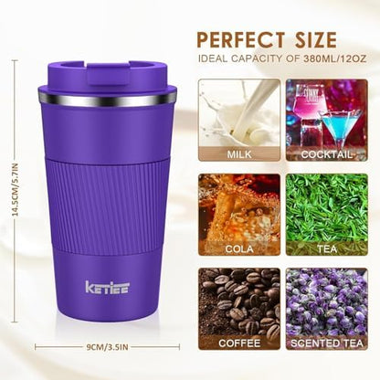 KETIEE 12oz Coffee Mug: Vacuum Insulated Coffee Cup with Leakproof Lid, Travel Coffee Mug Stainless Steel Double Walled Reusable Coffee Cup for Hot and Cold Water Tea (Purple)