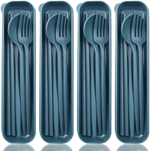 ELANE 4 Sets Reusable Travel Utensils Set with Case,Camping Cutlery Set Reusable Cutlery Set with Case,Utensil Sets for Lunch Picnic Daily Use Outdoor (darkblue)