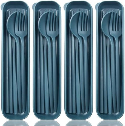 ELANE 4 Sets Reusable Travel Utensils Set with Case,Camping Cutlery Set Reusable Cutlery Set with Case,Utensil Sets for Lunch Picnic Daily Use Outdoor (darkblue)