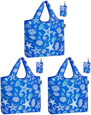 HOLYLUCK Reusable Grocery Bags,Heavy Duty Foldable Shopping Tote Bag (Standard, 3 Starfish)