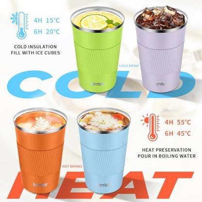 KETIEE 12oz Insulated Travel Mug, Vacuum Stainless Steel Double Walled Reusable Coffee Cup with Leakproof Lid, Travel Tumbler Coffee Mug to Go for Hot and Iced Tea Water (Orange)