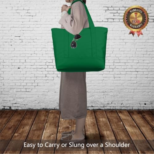 TOPDesign 6-Pack Canvas Tote Bags with an External Pocket, Reusable Grocery Shopping Bags, Top Zipper Closure, Daily Essentials (Green)