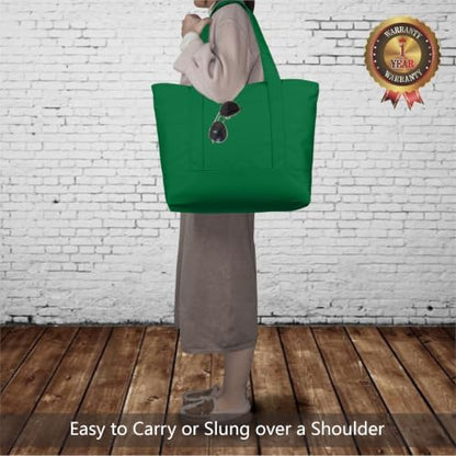 TOPDesign 6-Pack Canvas Tote Bags with an External Pocket, Reusable Grocery Shopping Bags, Top Zipper Closure, Daily Essentials (Green)