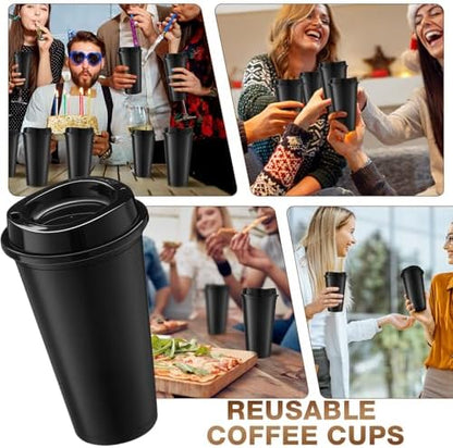 Honeydak 45 Pack 16 oz Reusable Coffee Cups with Lids Water Bottle Iced Coffee Travel Mug Reusable Portable Plastic Tea Tumblers Bulk for Hot and Cold Drinks Birthdays Party(Classic,Black)