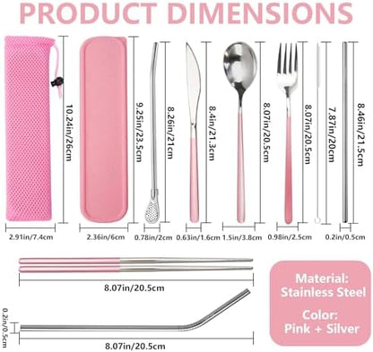 JEPELUS 10Pcs Pink Travel Cutlery Set with Case, Lunch Box Utensils