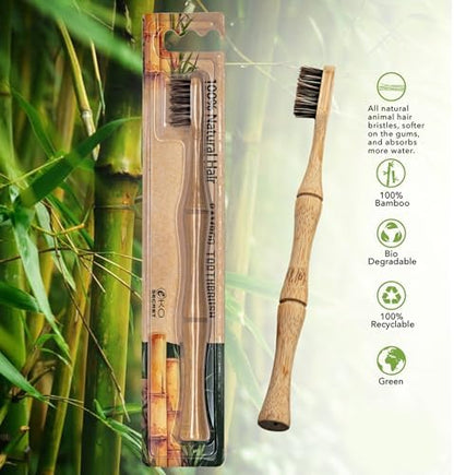 Natural Horsehair Bamboo Handle Toothbrushes, No Nylon Totally Biodegradable Horse Hair and Bamboo Toothbrushes (Pack of 2)