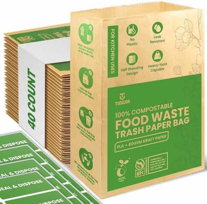 Kitchen Food Waste Bags – 40 bags – 100% Compostable Paper – Leak-resistant liner – Completely Plastic-free & Environmentally Friendly – Certified by BNQ & BPI - 40 Brown Paper Compostable Bags (40)