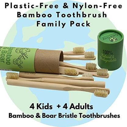 Gaia Guy Natural Bristle Bamboo Toothbrush Family Pack (NO Nylon - Boar Hair ONLY) - Totally Compostable & Biodegradable Boar Bristle and Bamboo Toothbrushes - Zero Waste - 4 Kids and 4 Adults