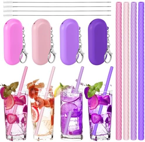 Meanplan 4 Sets Reusable Straws Travel Case Brush Silicone,Pink