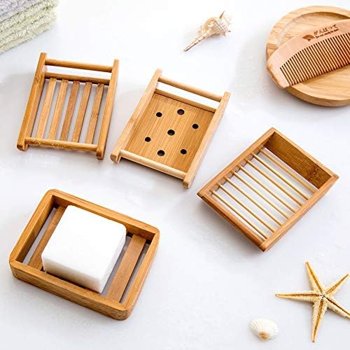 Kaxich 2 Pack Bamboo Wooden Soap Dish Shower Soap Storage Holder Saver Soap Tray Plate for Bathroom Shower Vanities Kitchen Sink