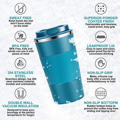 YINJOYI 12oz Travel Coffee Cups Insulated Tumbler Thermal Mug to Go with Lid Leak Proof Reusable Stainless Steel Coffee Mug Spill Proof for Hot and Iced Cold Drinks (Blue, 380ml)