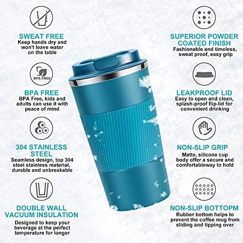 YINJOYI 17oz Travel Coffee Cups Insulated Mug Thermal Tumbler to Go with Lid Leak Proof Reusable Stainless Steel Coffee Mug Spill Proof for Hot and Iced Cold Drinks (Blue, 510ml)