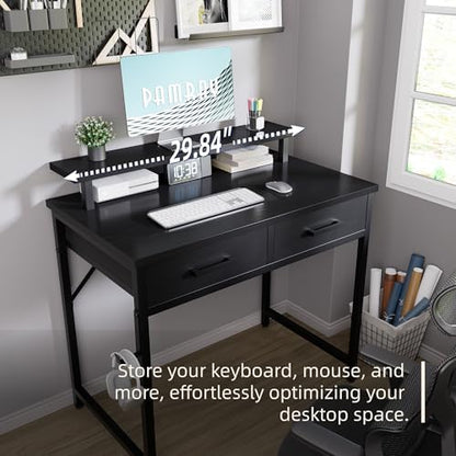 Pamray 32 Inch Small Computer Desk with Monitor Stand and 2 Drawers