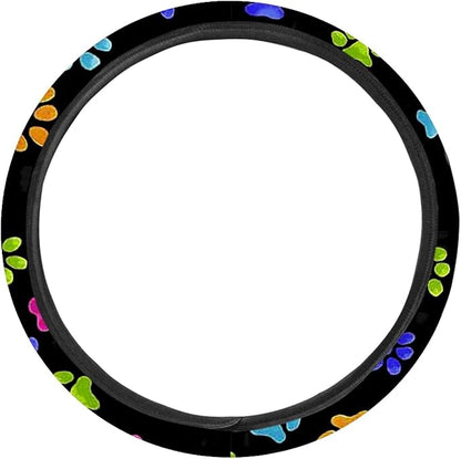 AFPANQZ Puppy Paw Prints Car Steering Wheel Covers Sweat Absorption Comfortable Grip Universal 14-15 inch Stretch-on Fabric Keep Warm Steering Wheel Protector for Women Gift Black Colored
