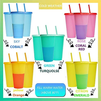 Color Changing Cups, 5 Pack 24oz Plastic Tumblers, Reusable Iced Coffee & Smoothie Cups with Lids and Straws for Parties and Travel (5 Change, 5 Packs)