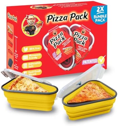 PIZZA PACK The Perfect Reusable Pizza Storage Container with 5 Microwavable Serving Trays - BPA-Free Adjustable Pizza Slice Container to Organize & Save Space, 2 Pack, Yellow